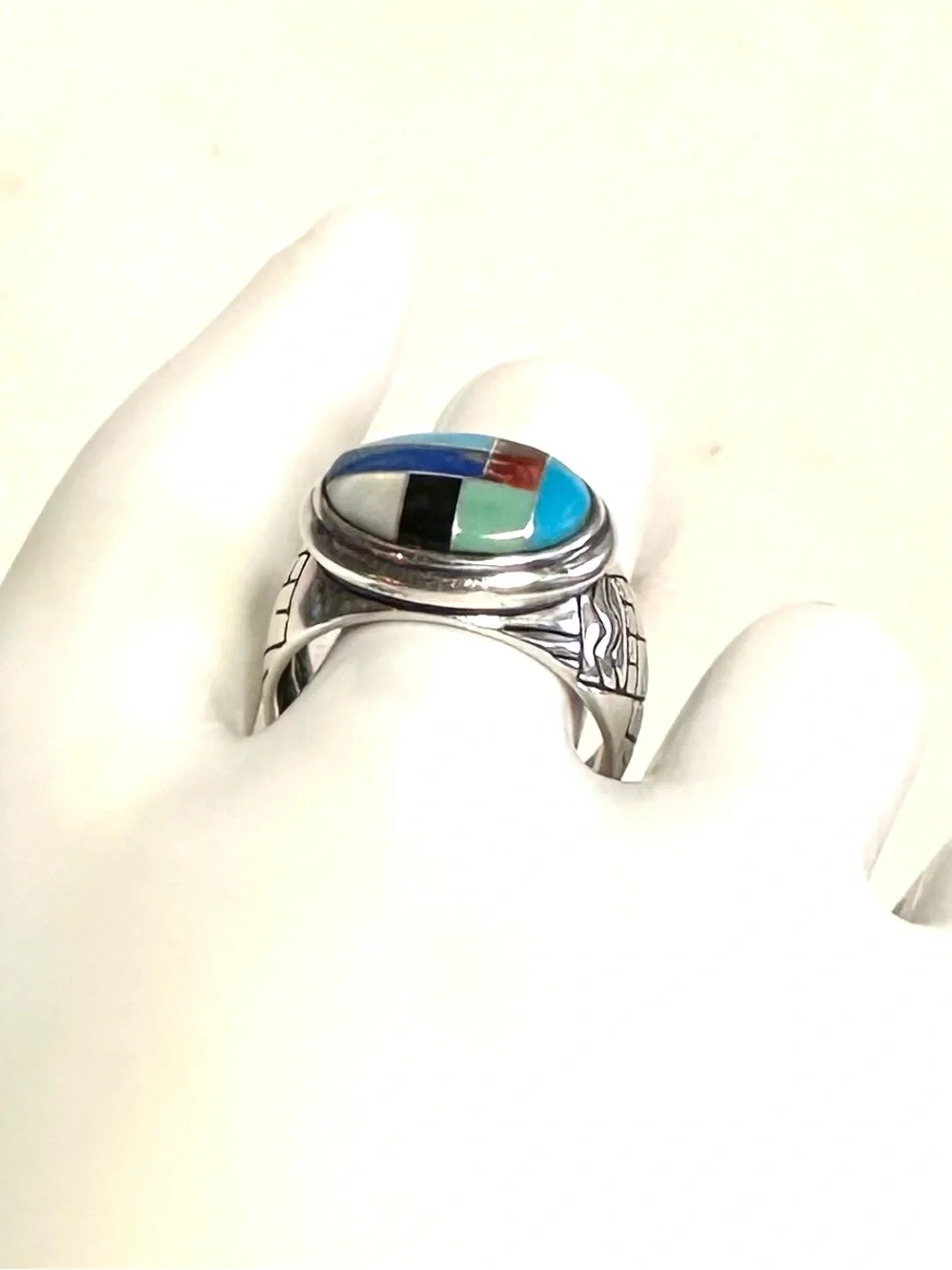 Carolyn Pollack Multi-Gemstone Geometric Inlay Southwest Sterling Silver Ring